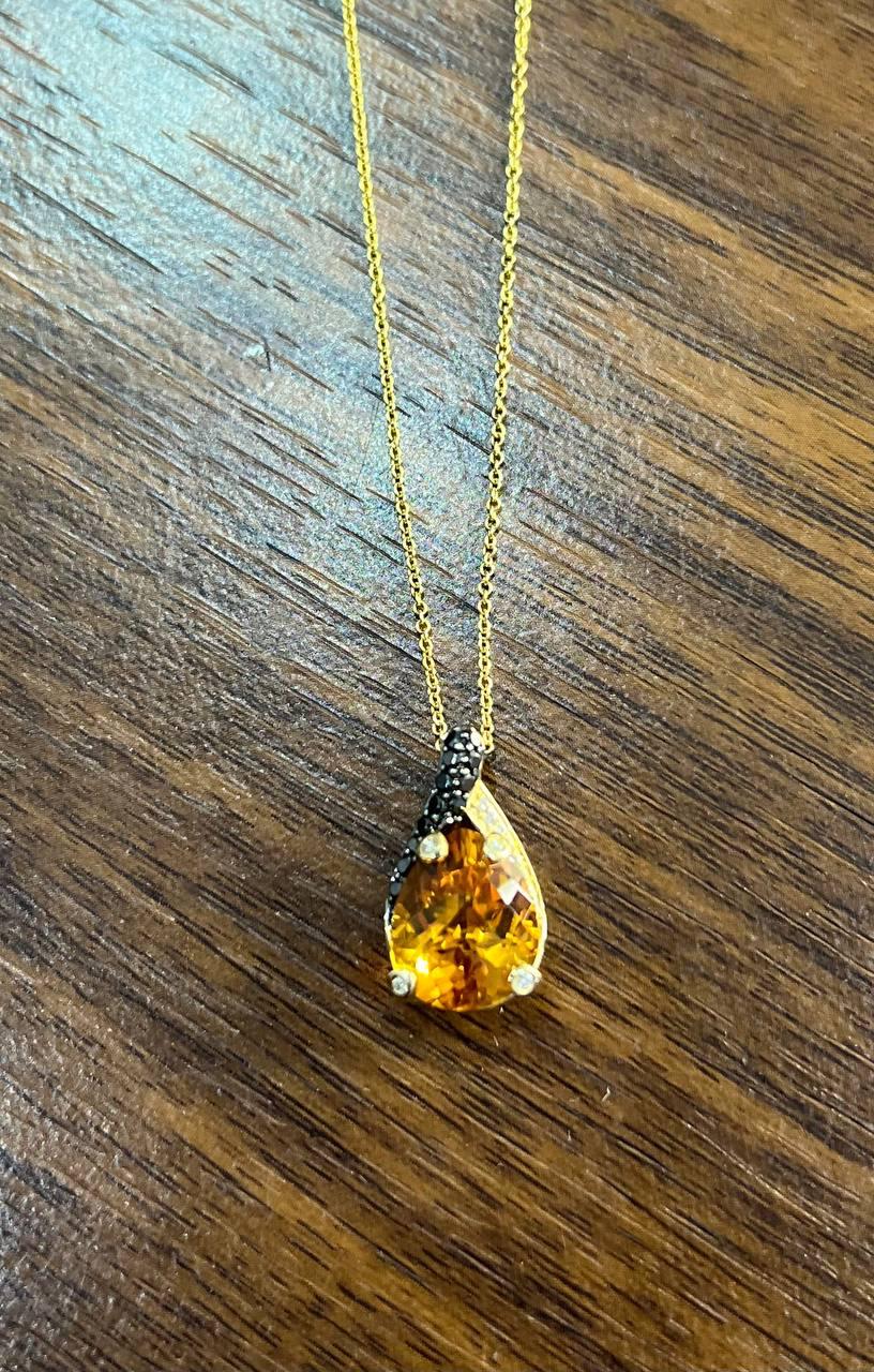 Dark Orange Citrine Tear Drop Shape Diamond Gemstone 14K Gold Pendant Necklace