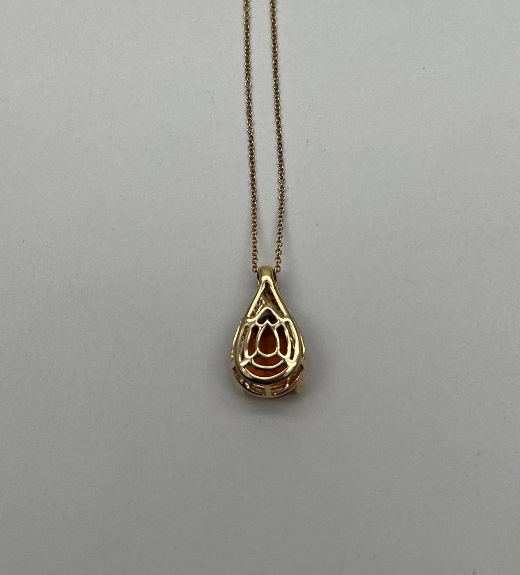Dark Orange Citrine Tear Drop Shape Diamond Gemstone 14K Gold Pendant Necklace