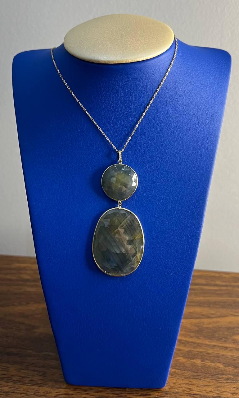 Dark Earthy Green Labradorite Diamonds Halo 14K Gold Statement Earrings