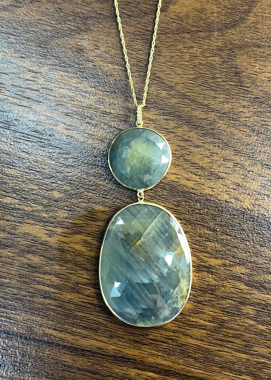 Dark Earthy Green Labradorite Diamonds Halo 14K Gold Statement Earrings