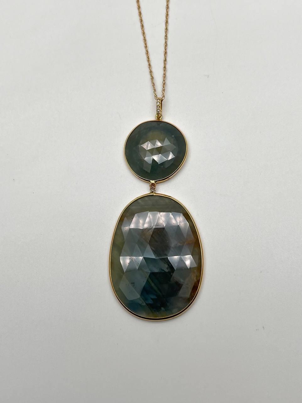 Dark Earthy Green Labradorite Diamonds Halo 14K Gold Statement Earrings
