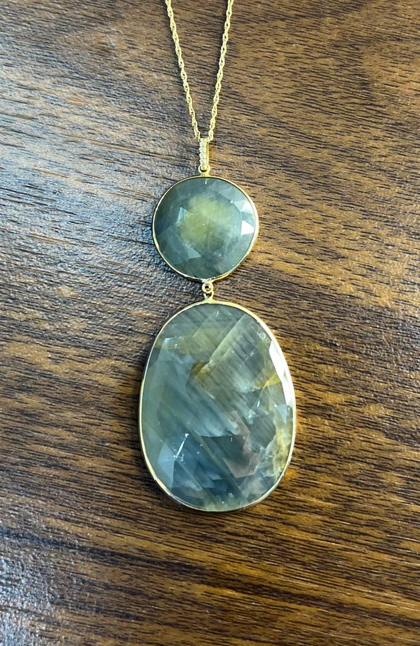 Dark Earthy Green Labradorite Diamonds Halo 14K Gold Statement Earrings