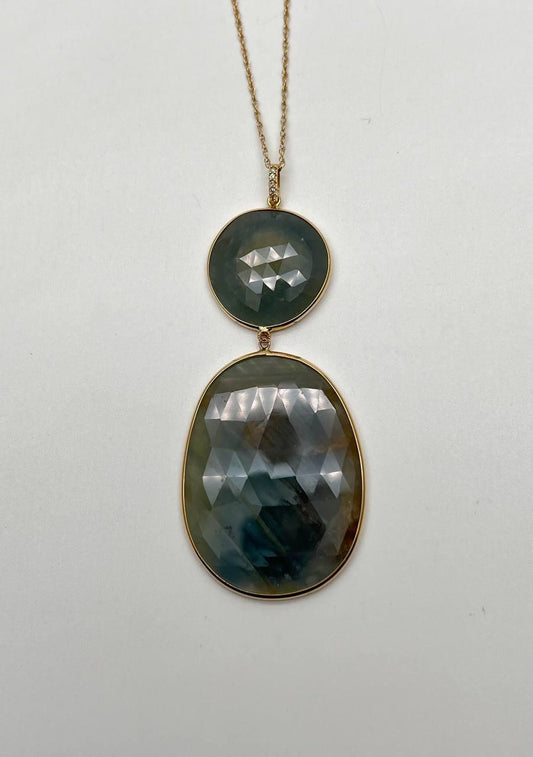 Dark Earthy Green Labradorite Diamonds Halo 14K Gold Statement Earrings