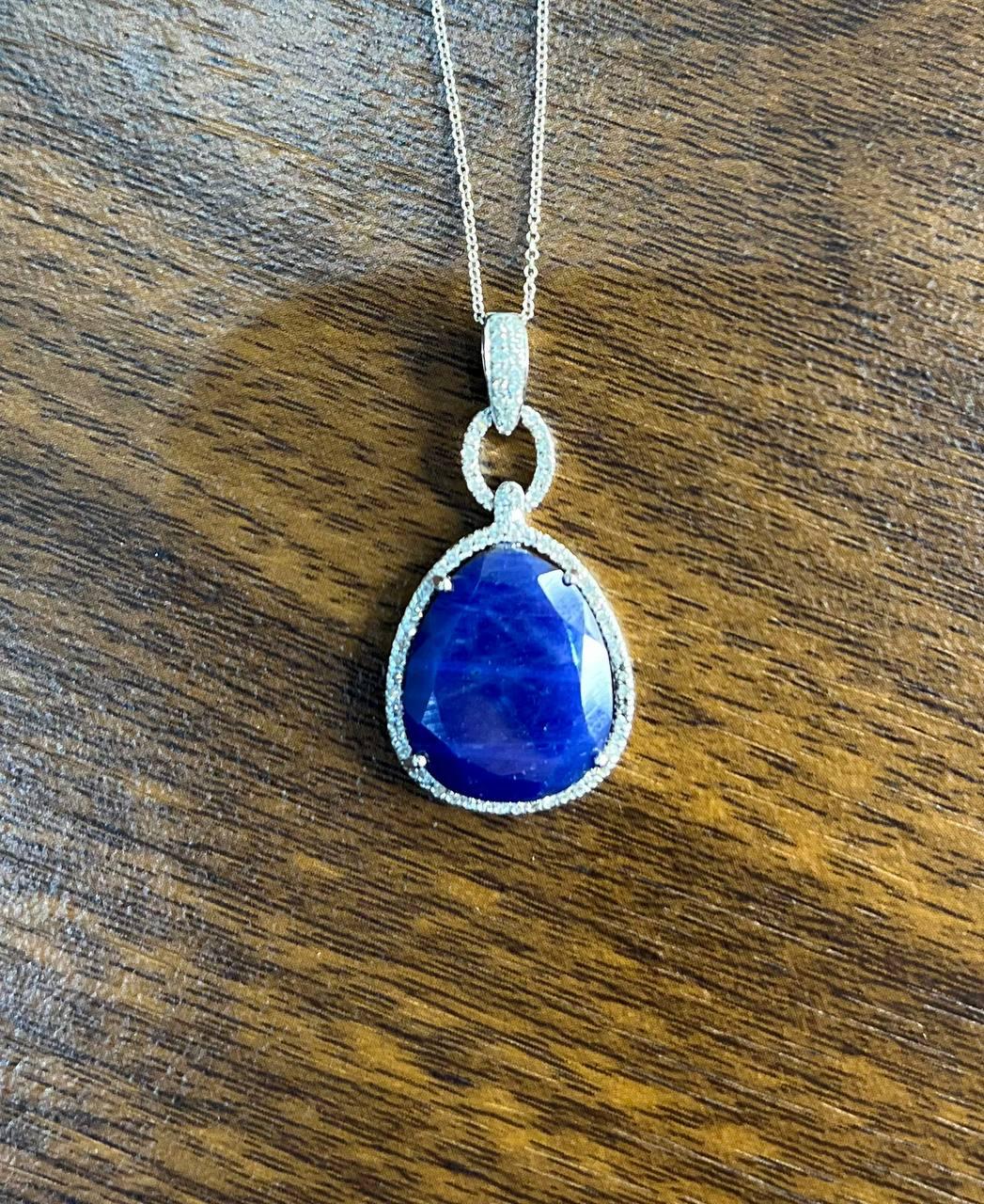 Dark Blue Faceted Sapphire Cabochon 14K White Gold Diamond Halo Pendant Necklace