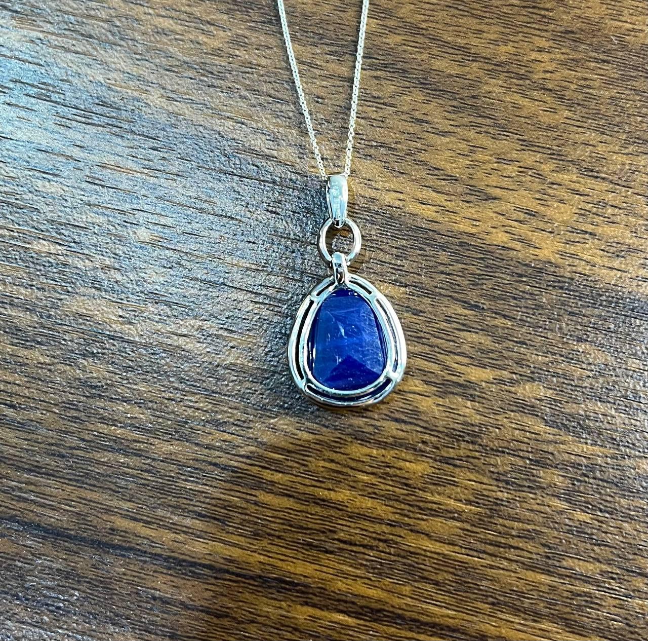 Dark Blue Faceted Sapphire Cabochon 14K White Gold Diamond Halo Pendant Necklace
