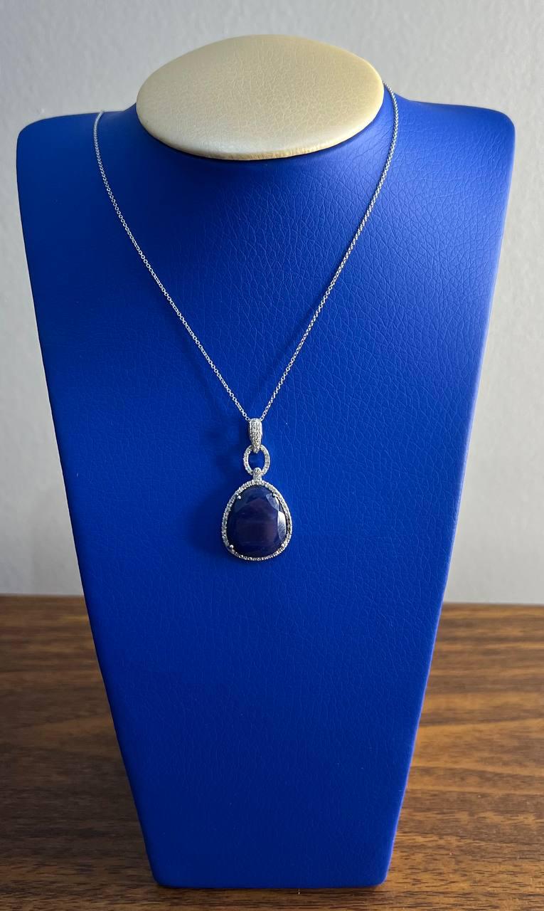 Dark Blue Faceted Sapphire Cabochon 14K White Gold Diamond Halo Pendant Necklace