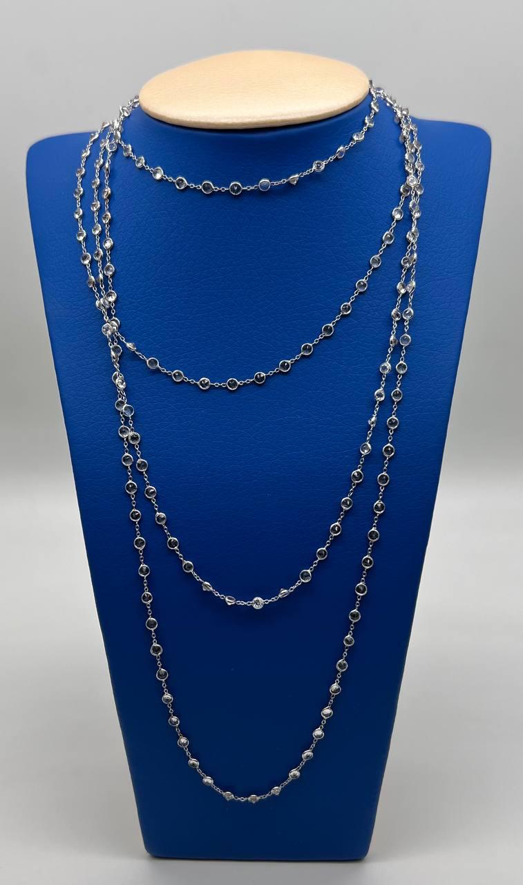 Round Cut Light Blue Topaz Bezel 14K White Gold Long Chain Station Necklace