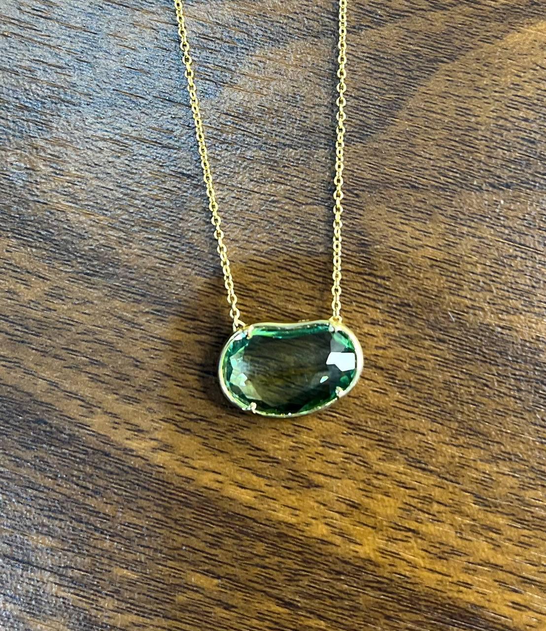 Free Form Shape Light Green Tourmaline Diamond Halo 14K Gold Pendant Necklace