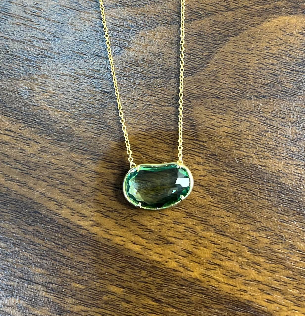 Free Form Shape Light Green Tourmaline Diamond Halo 14K Gold Pendant Necklace