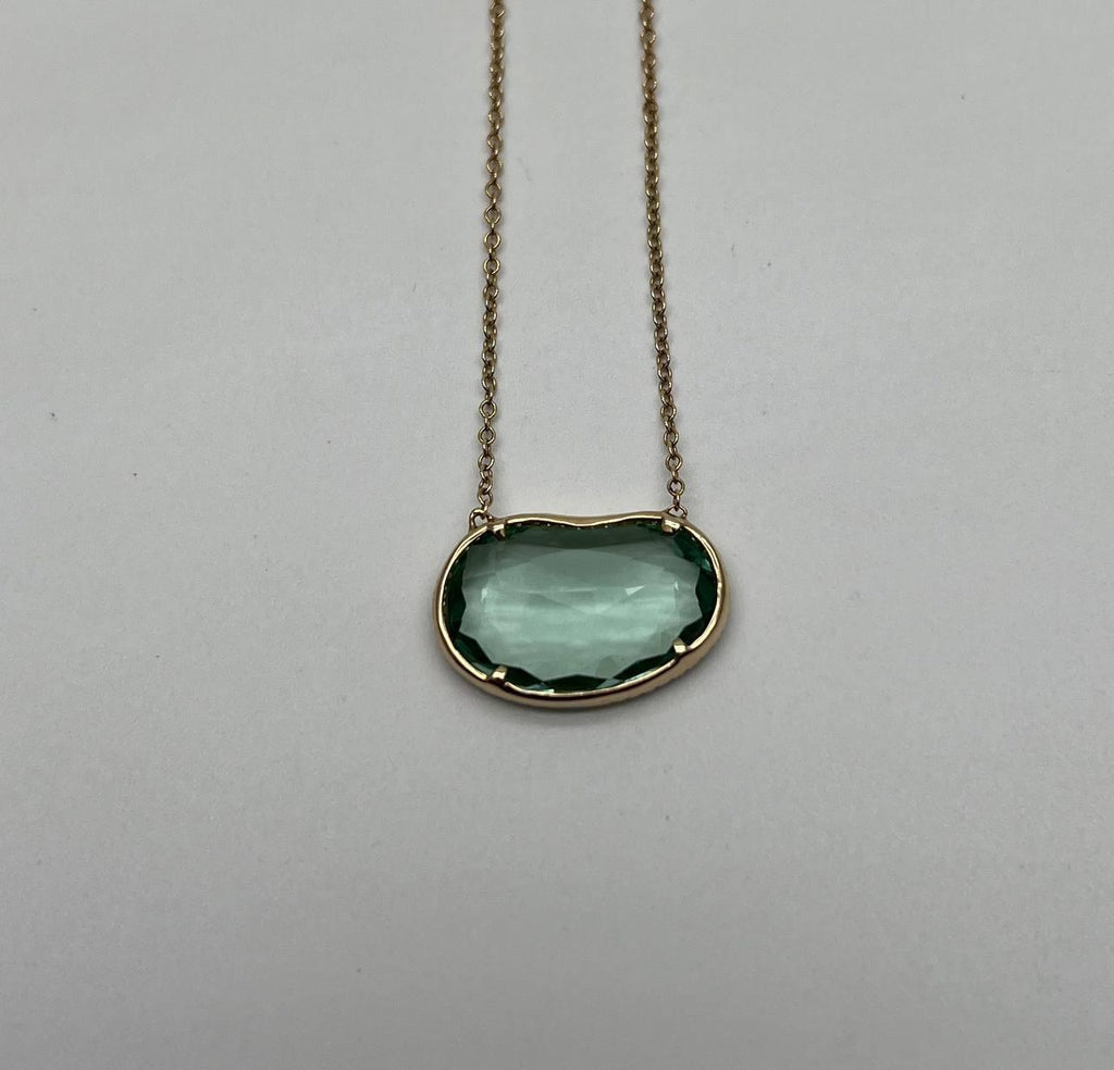Free Form Shape Light Green Tourmaline Diamond Halo 14K Gold Pendant Necklace