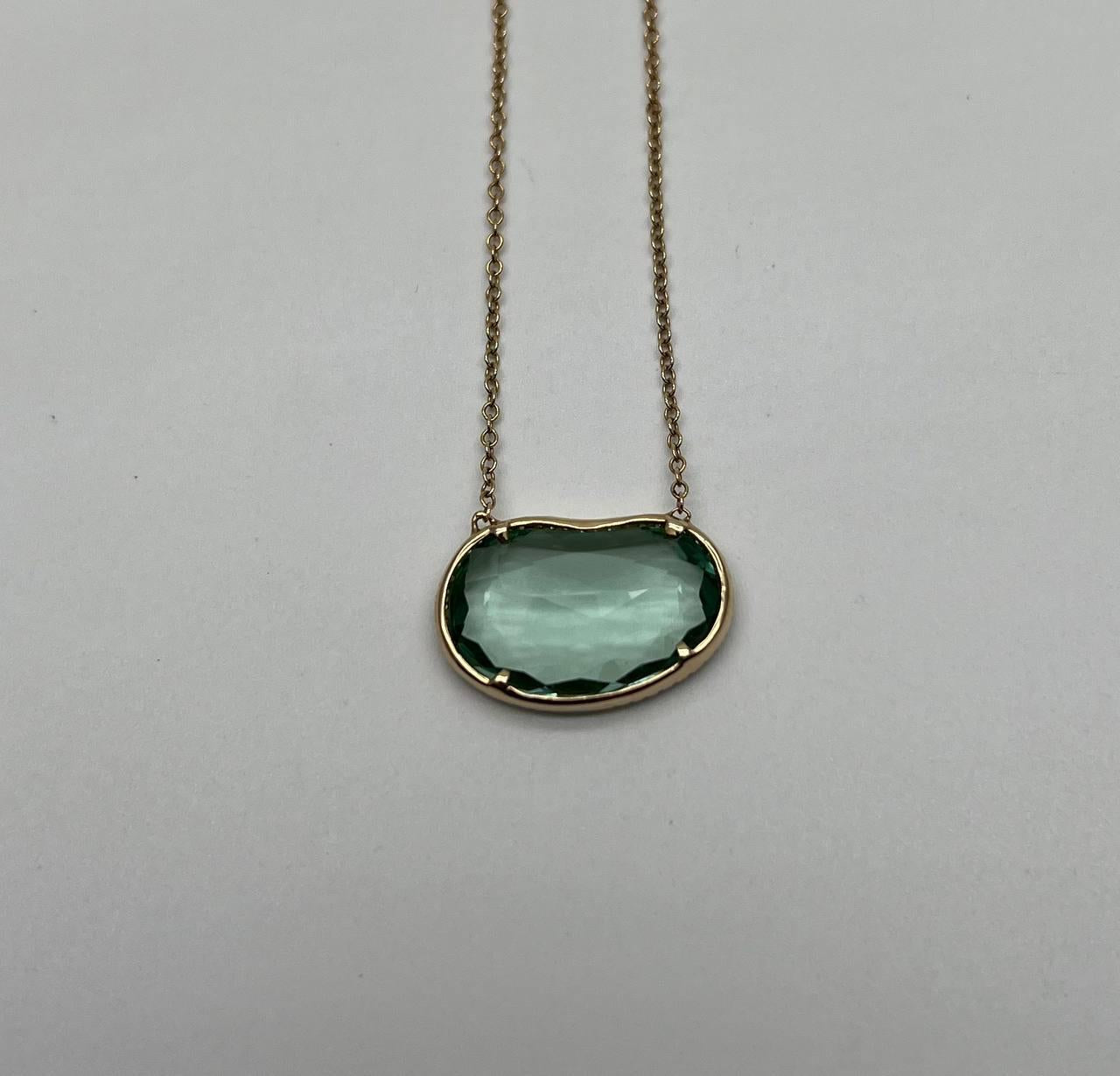 Free Form Shape Light Green Tourmaline Diamond Halo 14K Gold Pendant Necklace