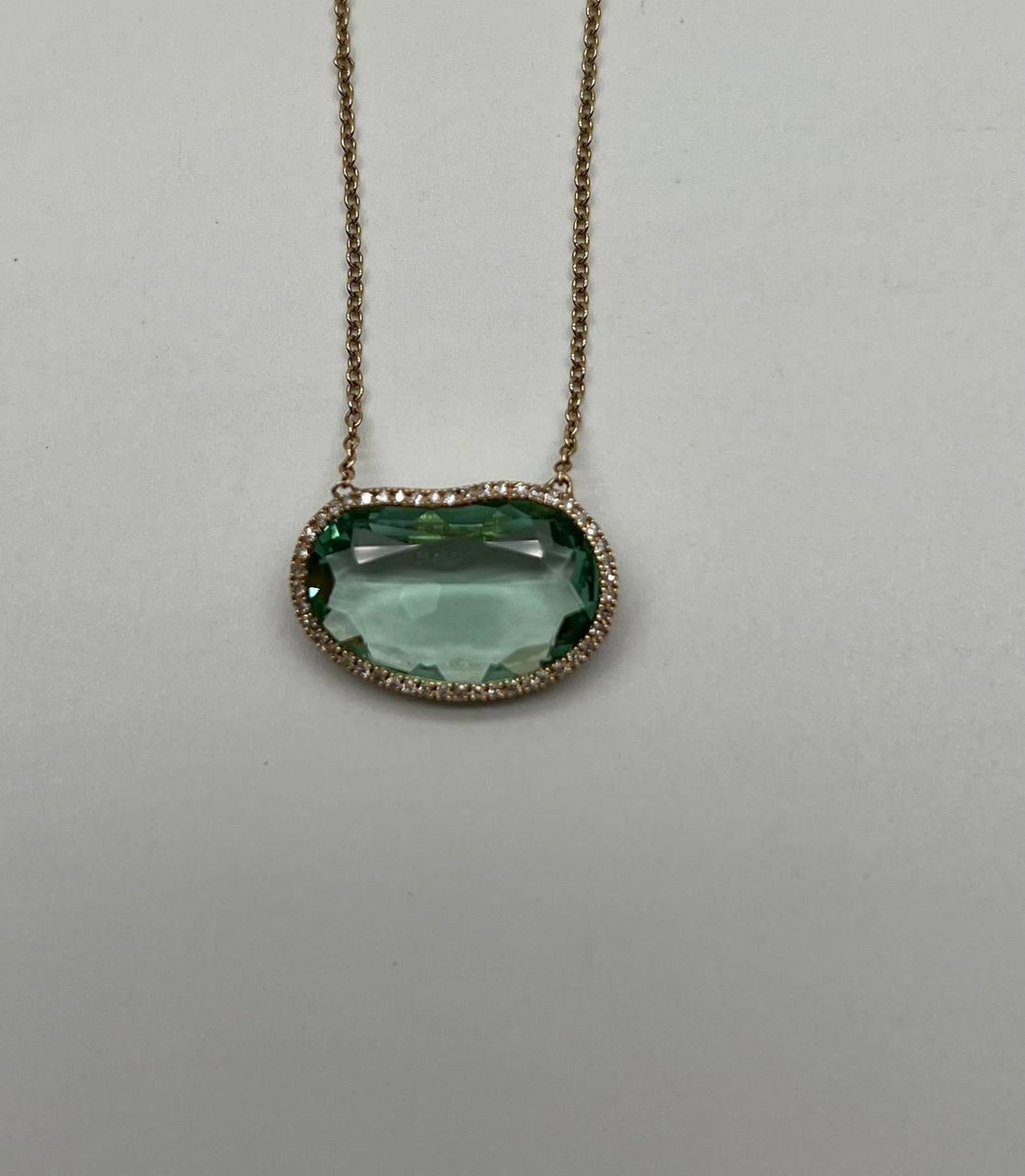 Free Form Shape Light Green Tourmaline Diamond Halo 14K Gold Pendant Necklace