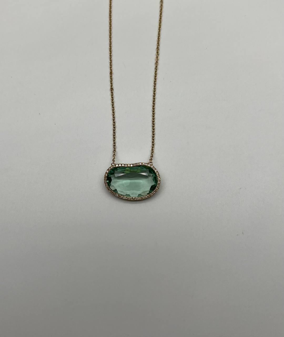 Free Form Shape Light Green Tourmaline Diamond Halo 14K Gold Pendant Necklace
