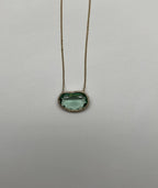 Free Form Shape Light Green Tourmaline Diamond Halo 14K Gold Pendant Necklace