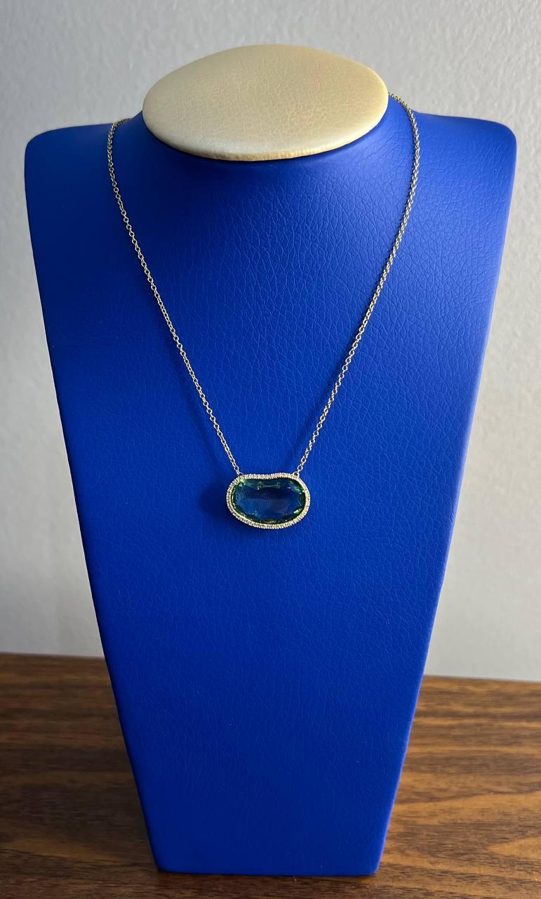 Free Form Shape Light Green Tourmaline Diamond Halo 14K Gold Pendant Necklace