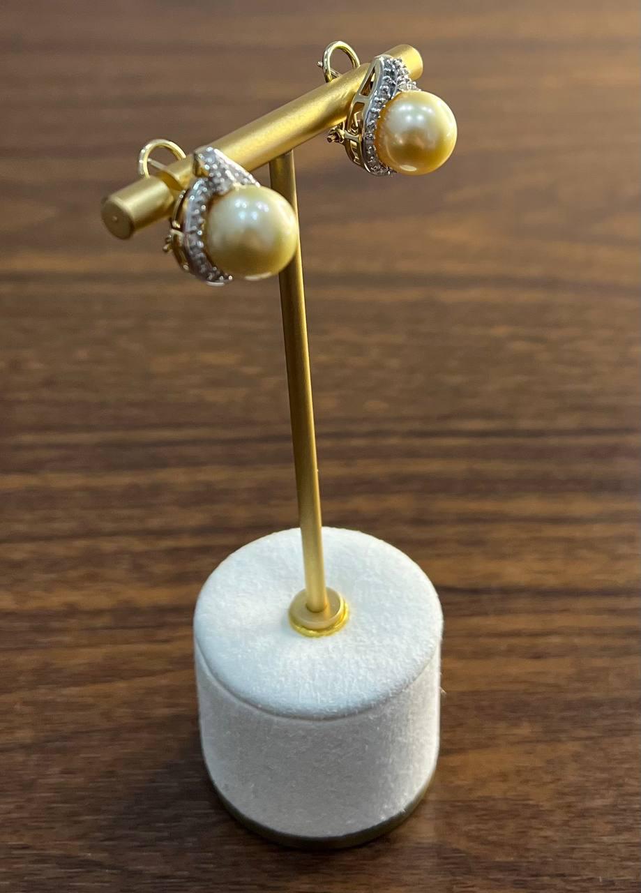Golden Yellow South Sea Pearls White Diamonds Halo 14K Yellow Gold Earrings
