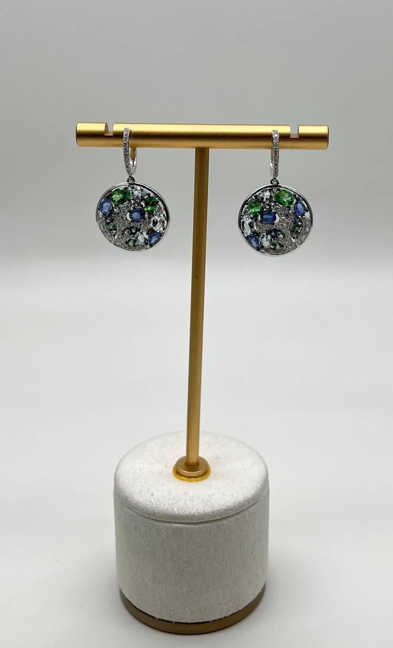 Blue Sapphire Green Emerald White Diamonds Planet Earth 14K White Gold Earrings