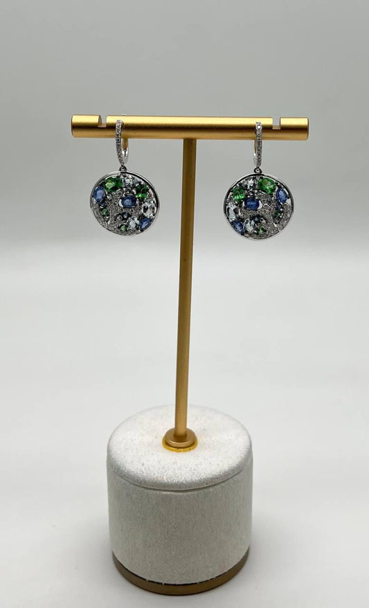 Blue Sapphire Green Emerald White Diamonds Planet Earth 14K White Gold Earrings
