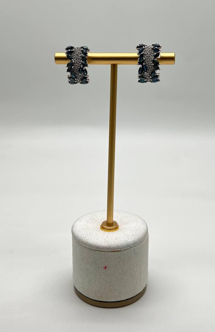 Blue Sapphire Marquise Shape Diamond Pave Set 14K White Gold Statement Earrings