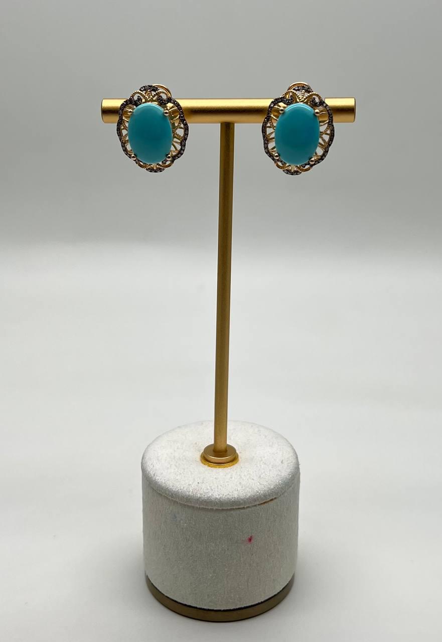 Blue Teal Turquoise Diamonds Lattice 14K Yellow Gold Statement Earrings