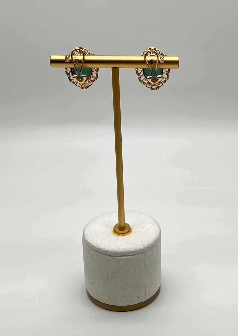 Blue Teal Turquoise Diamonds Lattice 14K Yellow Gold Statement Earrings
