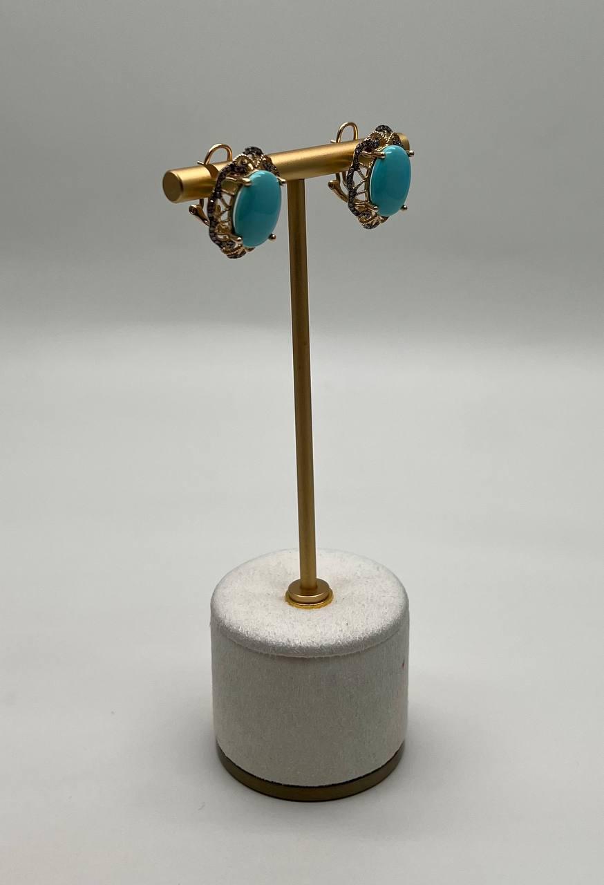 Blue Teal Turquoise Diamonds Lattice 14K Yellow Gold Statement Earrings