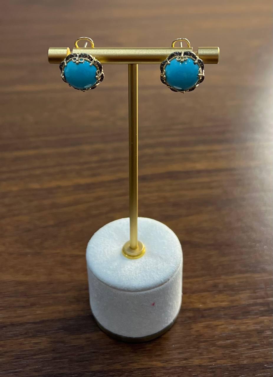 Blue Teal Turquoise Diamonds Halo Floral 14K Yellow Gold Statement Earrings