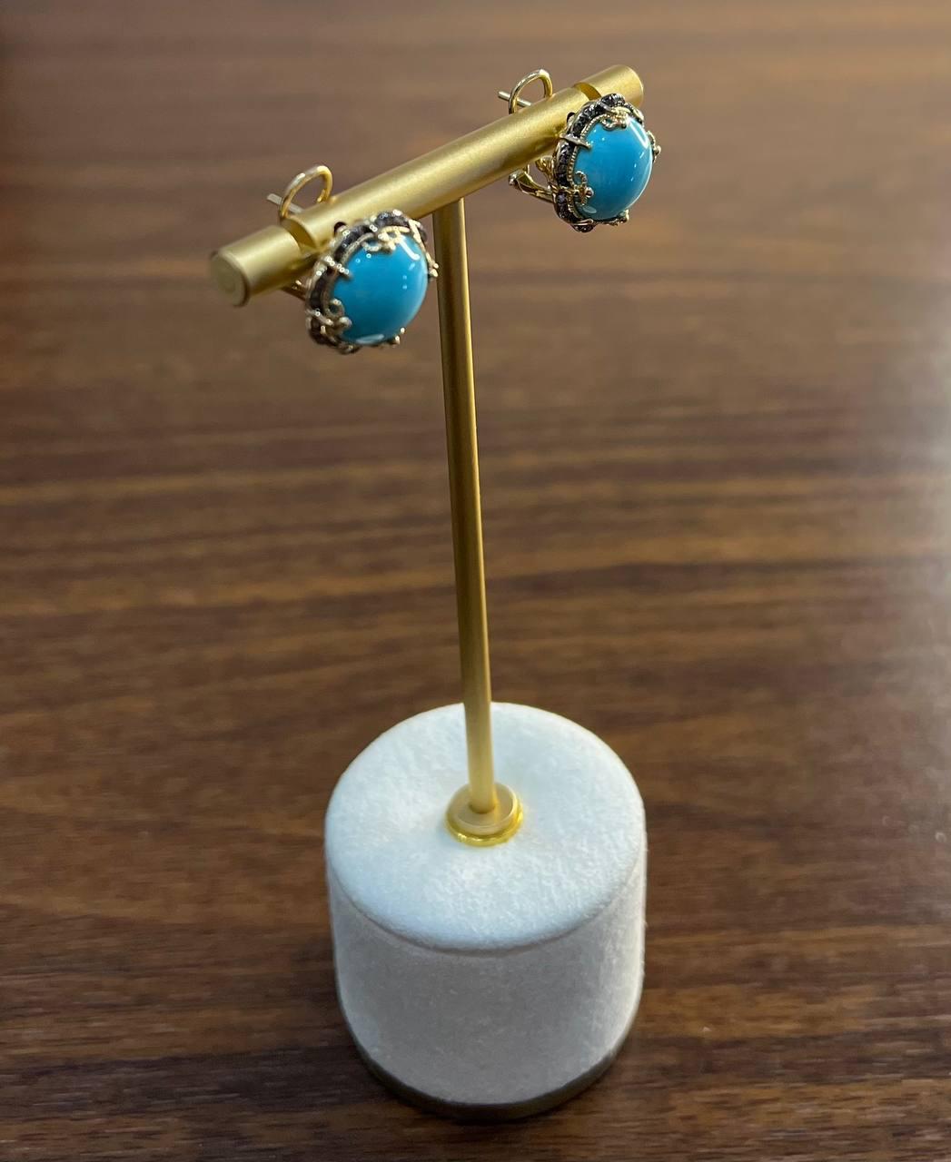 Blue Teal Turquoise Diamonds Halo Floral 14K Yellow Gold Statement Earrings