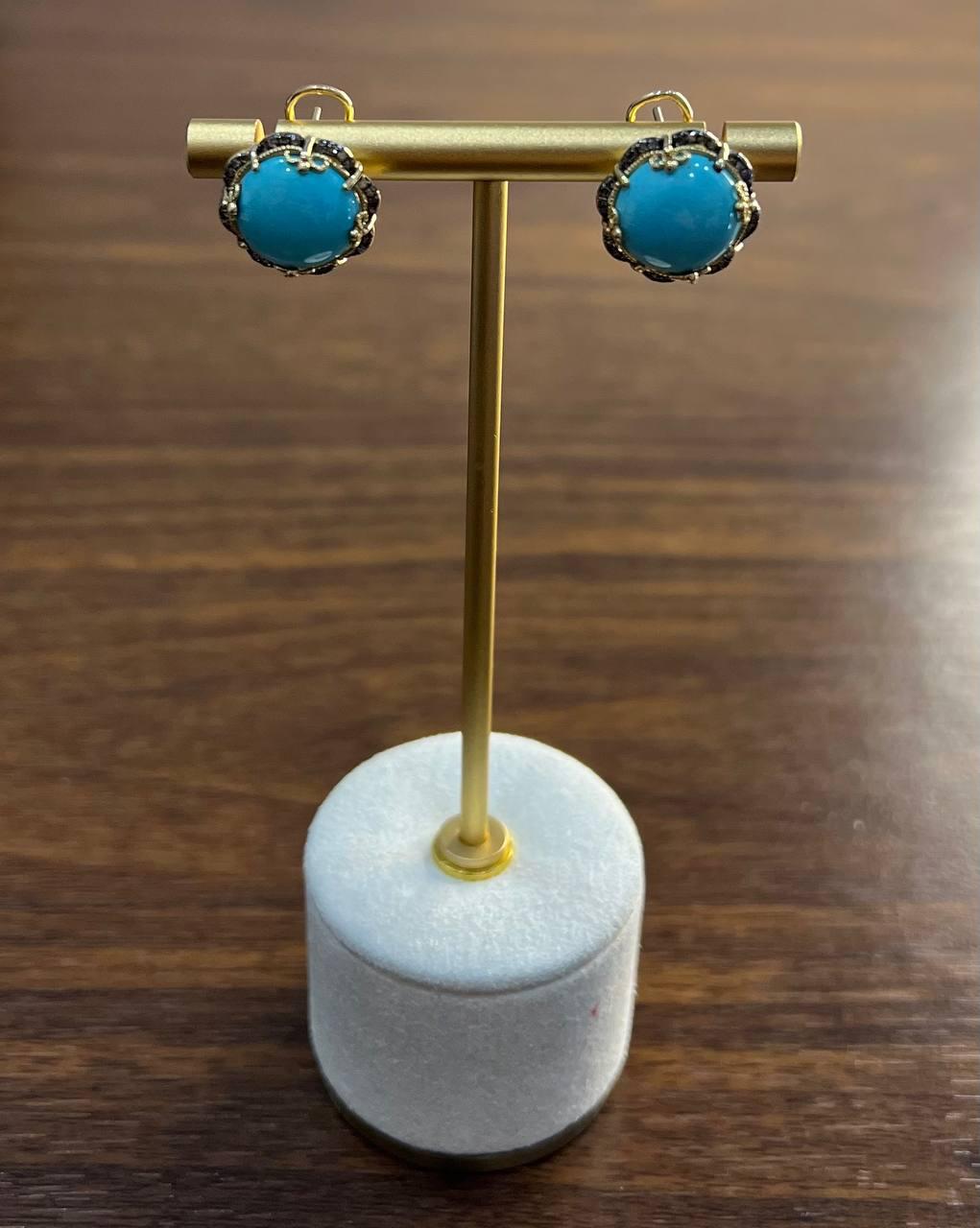 Blue Teal Turquoise Diamonds Halo Floral 14K Yellow Gold Statement Earrings