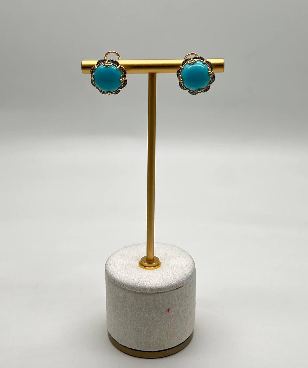 Blue Teal Turquoise Diamonds Halo Floral 14K Yellow Gold Statement Earrings