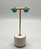 Blue Teal Turquoise Diamonds Halo Floral 14K Yellow Gold Statement Earrings