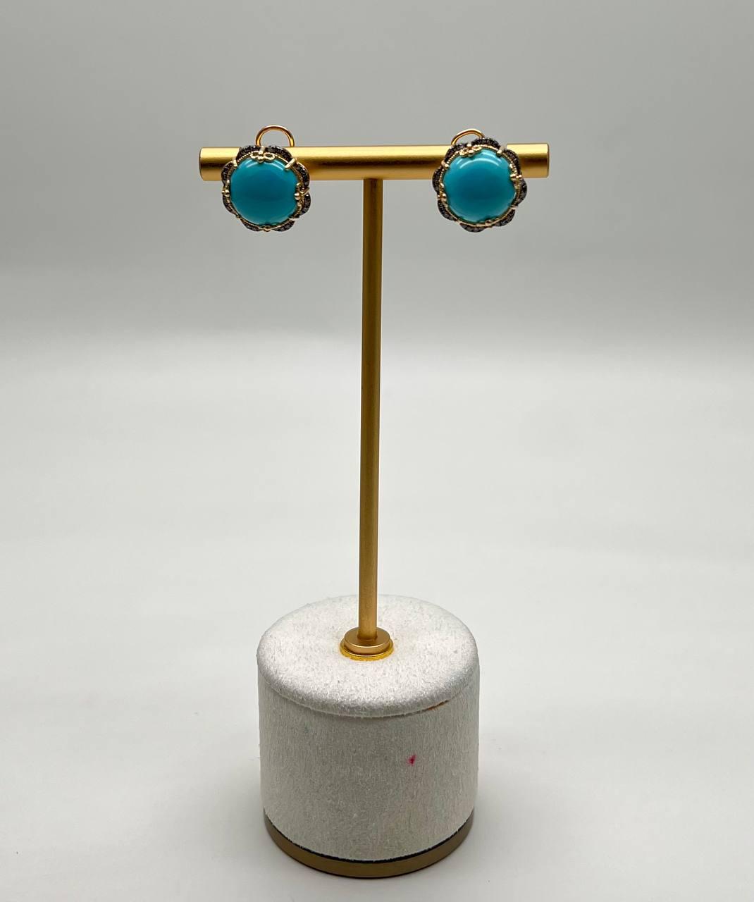 Blue Teal Turquoise Diamonds Halo Floral 14K Yellow Gold Statement Earrings