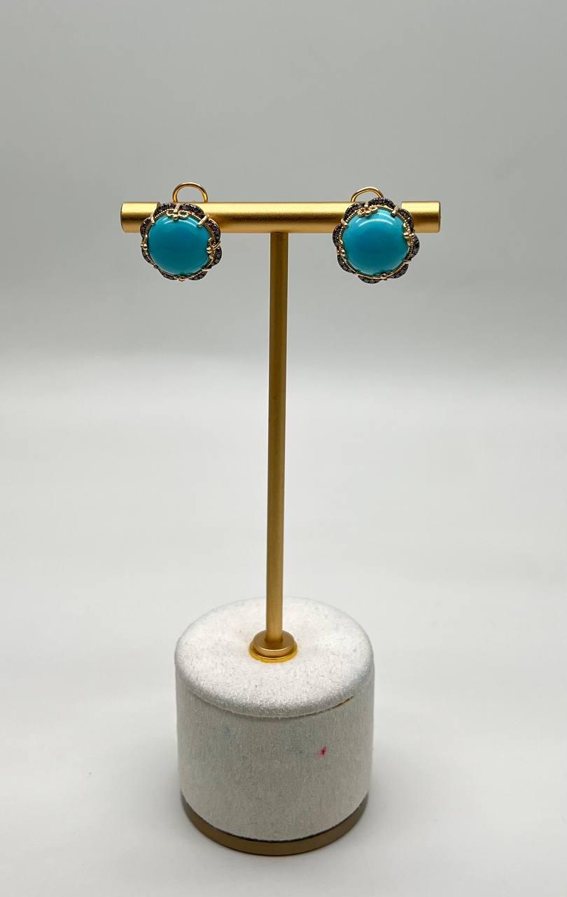 Blue Teal Turquoise Diamonds Halo Floral 14K Yellow Gold Statement Earrings