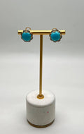 Blue Teal Turquoise Diamonds Halo Floral 14K Yellow Gold Statement Earrings