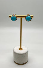 Blue Teal Turquoise Diamonds Halo Floral 14K Yellow Gold Statement Earrings