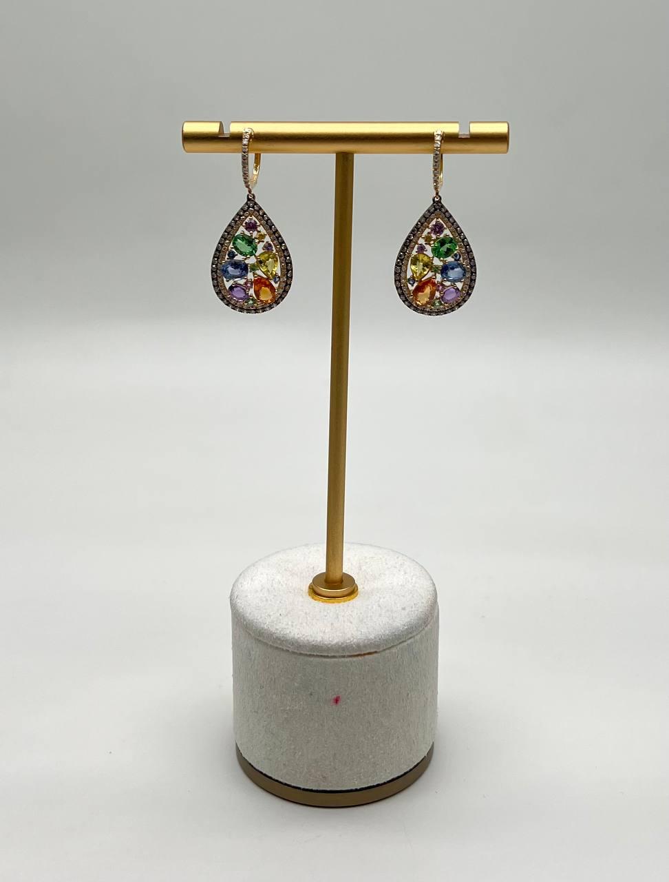 Multicolor Rainbow Sapphires Diamonds Halo 14K Yellow Gold Cluster Drop Earrings