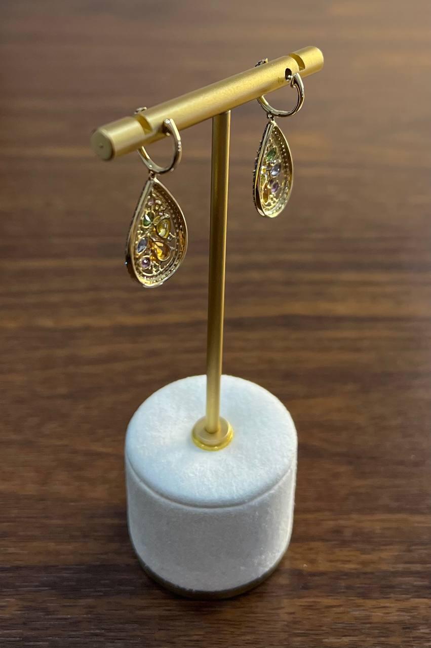 Multicolor Rainbow Sapphires Diamonds Halo 14K Yellow Gold Cluster Drop Earrings