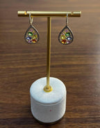 Multicolor Rainbow Sapphires Diamonds Halo 14K Yellow Gold Cluster Drop Earrings