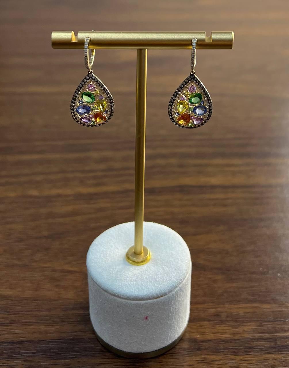 Multicolor Rainbow Sapphires Diamonds Halo 14K Yellow Gold Cluster Drop Earrings