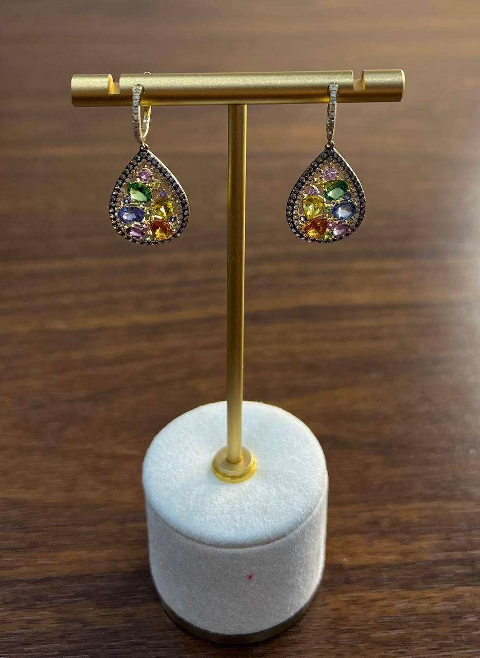Multicolor Rainbow Sapphires Diamonds Halo 14K Yellow Gold Cluster Drop Earrings