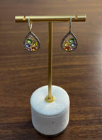 Multicolor Rainbow Sapphires Diamonds Halo 14K Yellow Gold Cluster Drop Earrings