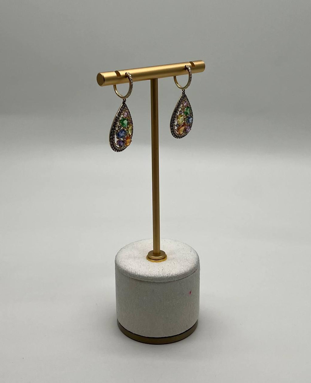 Multicolor Rainbow Sapphires Diamonds Halo 14K Yellow Gold Cluster Drop Earrings