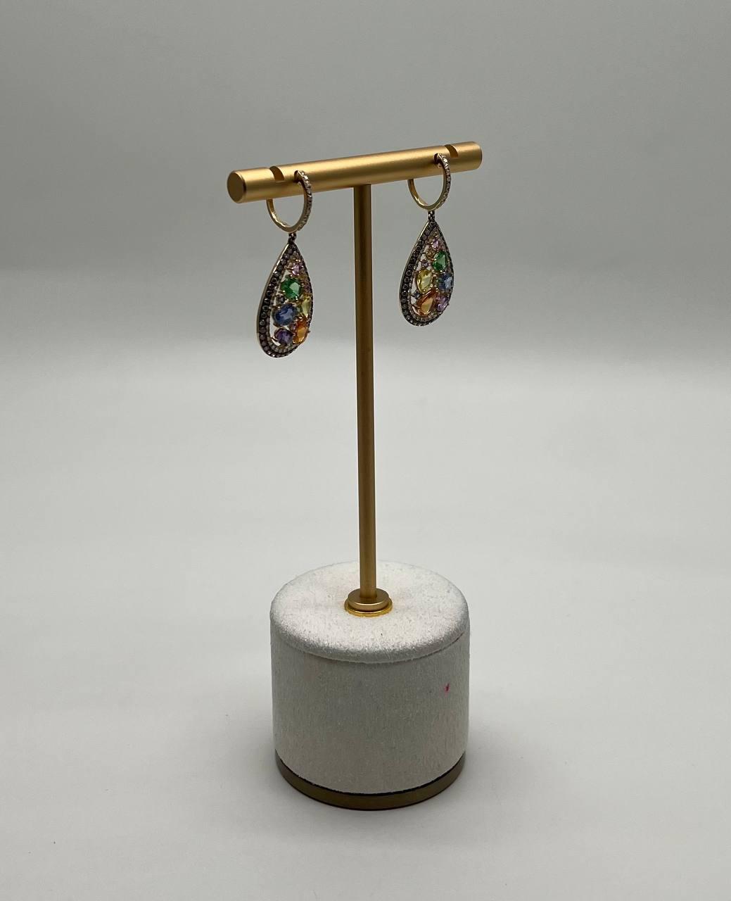 Multicolor Rainbow Sapphires Diamonds Halo 14K Yellow Gold Cluster Drop Earrings