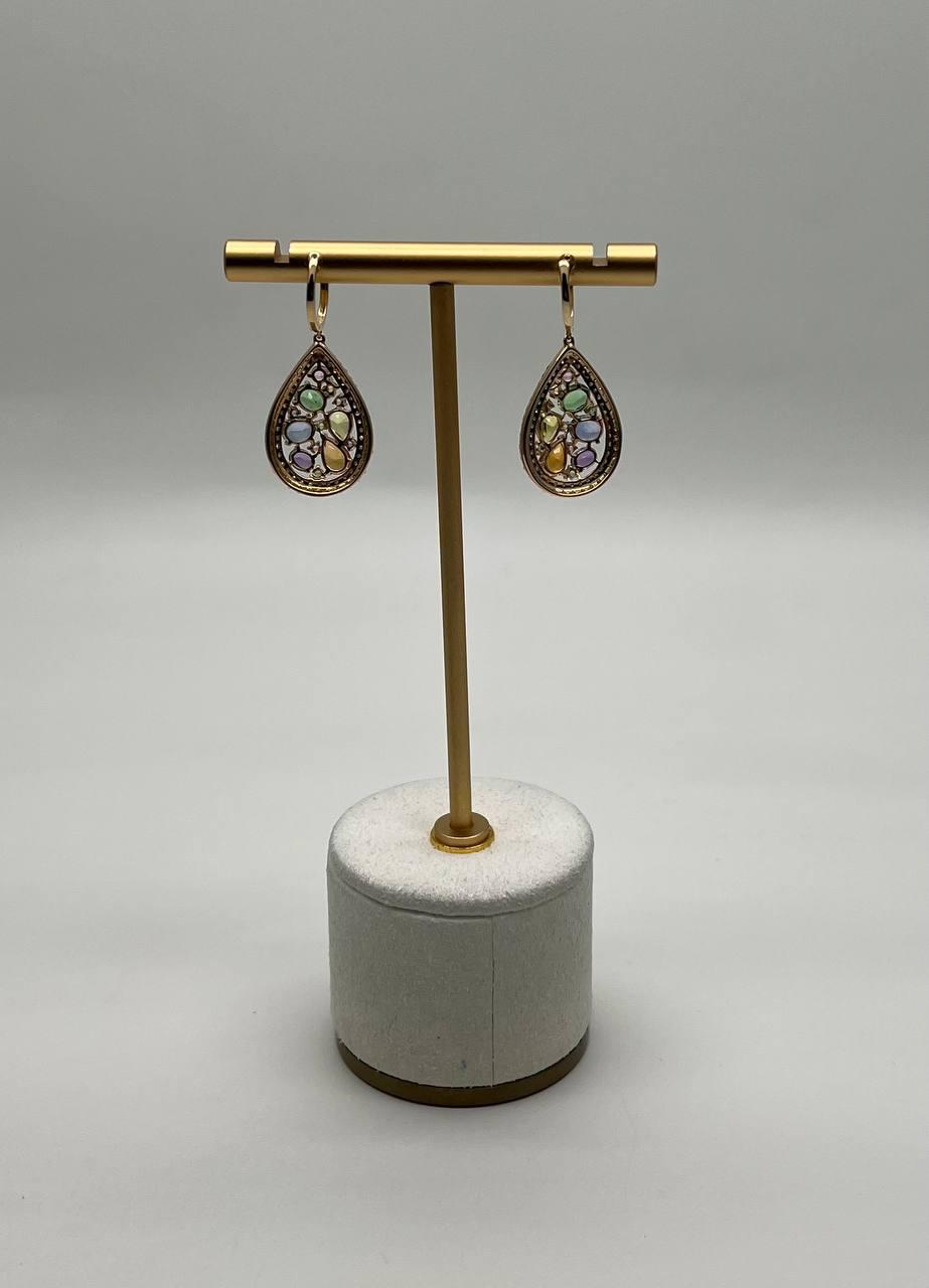 Multicolor Rainbow Sapphires Diamonds Halo 14K Yellow Gold Cluster Drop Earrings