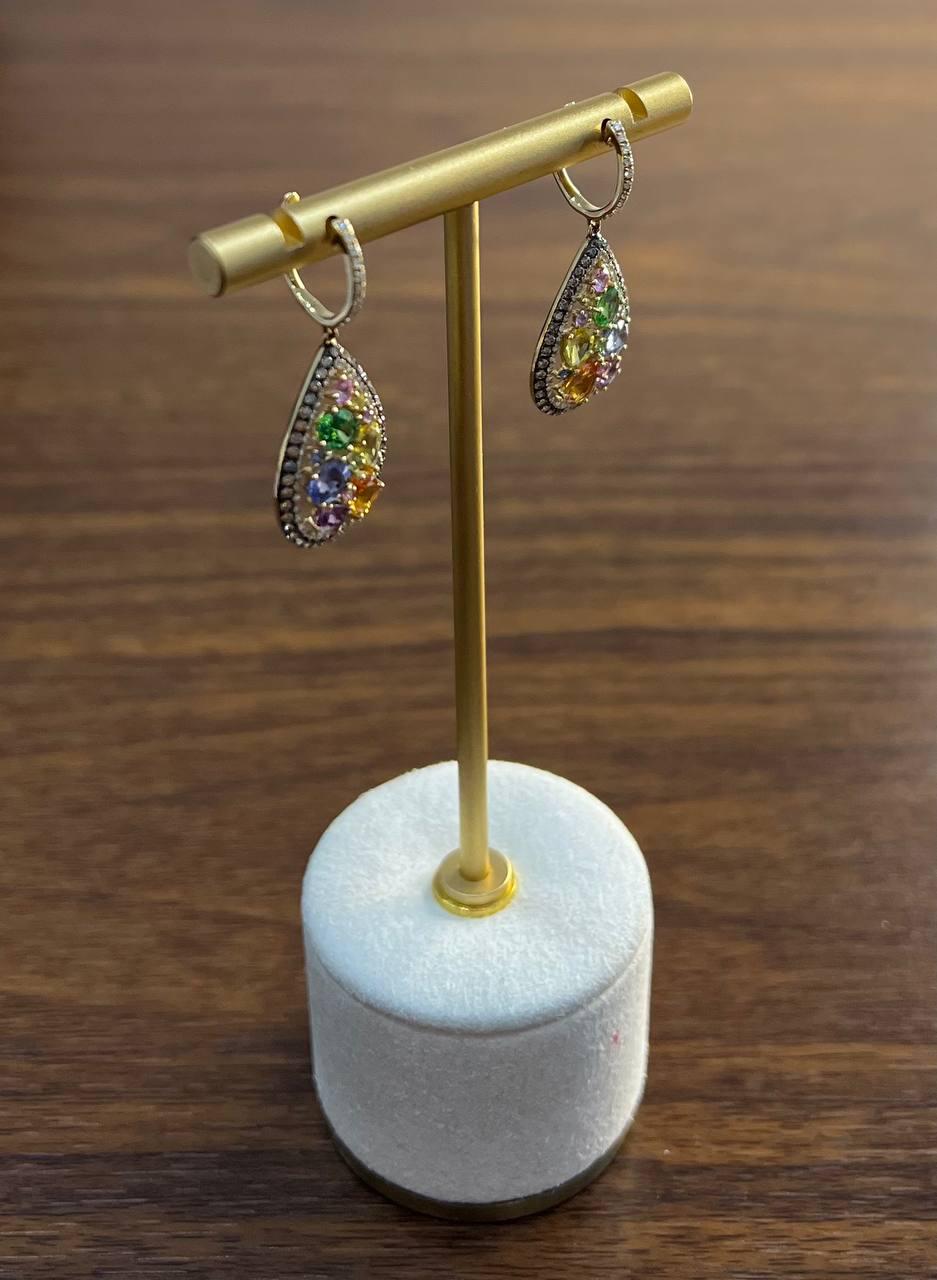 Multicolor Rainbow Sapphires Diamonds Halo 14K Yellow Gold Cluster Drop Earrings
