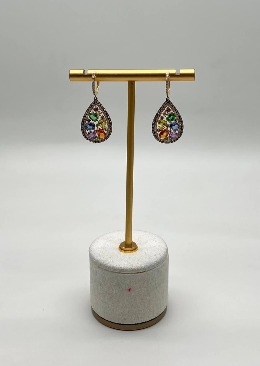 Multicolor Rainbow Sapphires Diamonds Halo 14K Yellow Gold Cluster Drop Earrings
