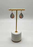 Multicolor Rainbow Sapphires Diamonds Halo 14K Yellow Gold Cluster Drop Earrings