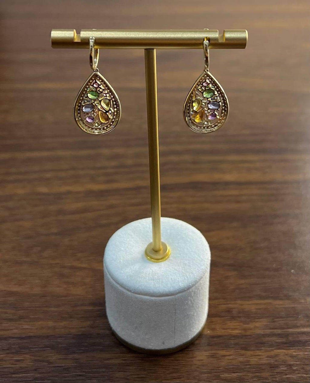 Multicolor Rainbow Sapphires Diamonds Halo 14K Yellow Gold Cluster Drop Earrings