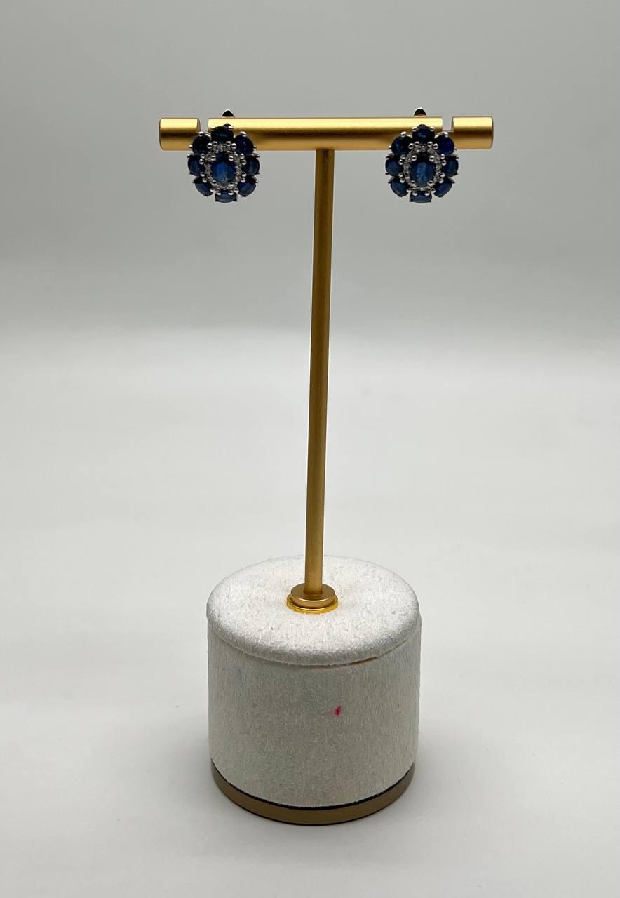 Blue Sapphire Diamond Halo Floral Flower Shape 14K White Gold Statement Earrings