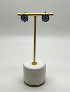 Blue Sapphire Diamond Halo Floral Flower Shape 14K White Gold Statement Earrings